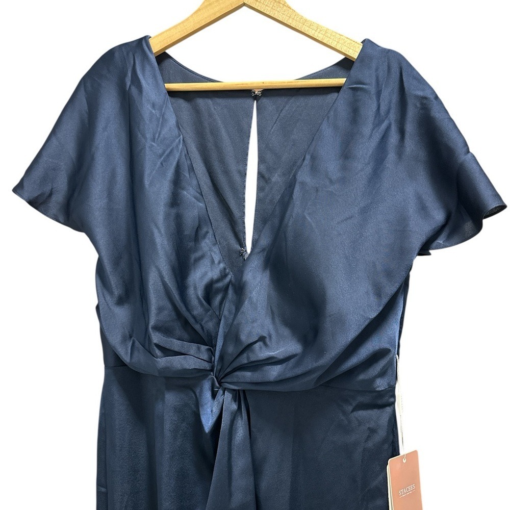 Stacees Maxi Dress Womens US14 Dark Navy Satin Twist Front V-Neck Flutter Sleeve
